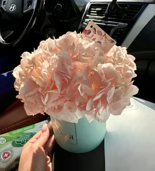 Букет из розовой гортензии в шляпной коробке